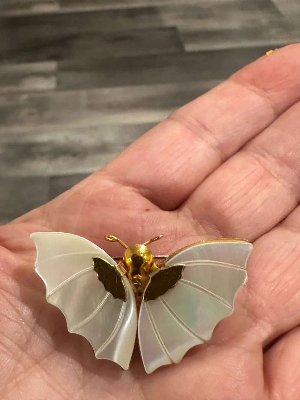Vintage Gold - Tone & Mother of Pearl Butterfly Brooch, Dainty Figural Pin